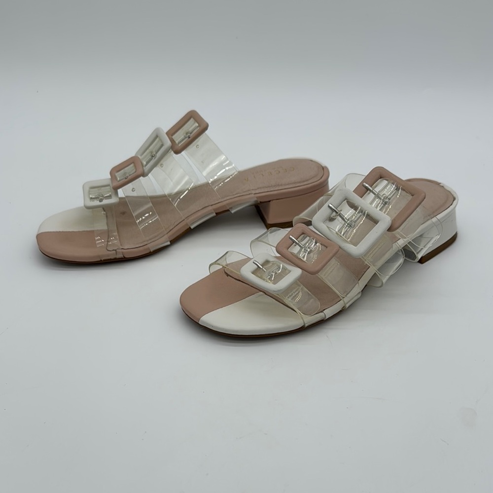 CECELIA NEW YORK Two-Tone Beige Cream Clear Buckle Slide Sandals - Picture 4 of 9
